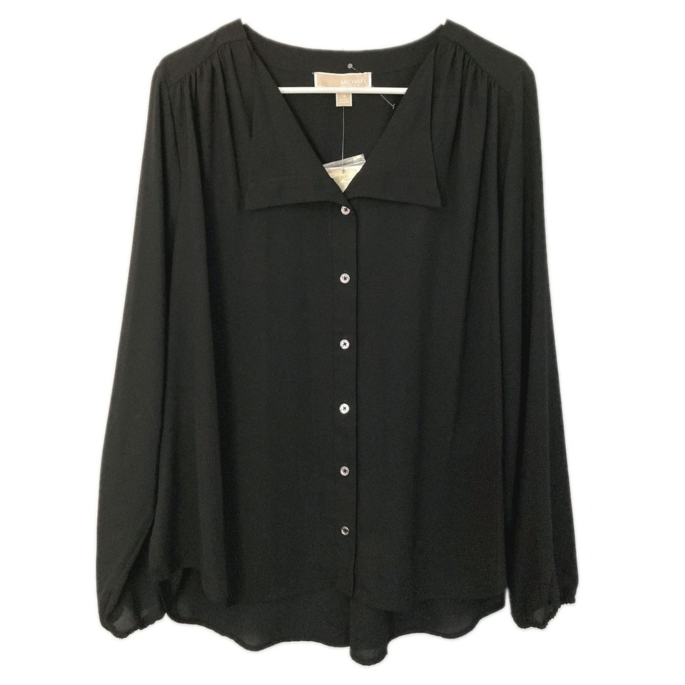 Michael Kors Shirt Women 14 Black Button Up Long Sleeve Blouse NWT